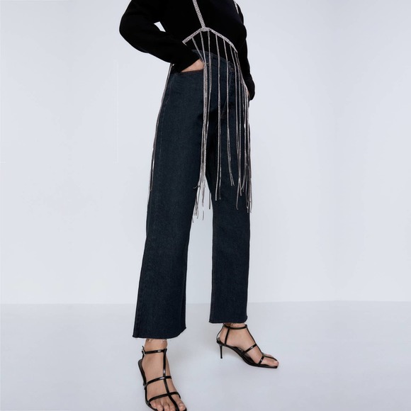 Zara Denim - ZARA High Rise Button-Fly Straight Jeans 8 Black Fringed Raw Hem #7579